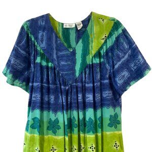 Fundamentals Midi Dress V-Neck Size Medium Blue & Green Floral Cotton Boho